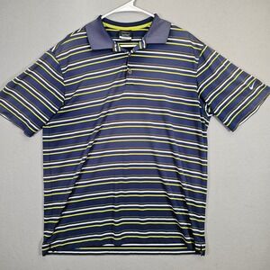 Nike Golf Mens XL Polo Shirt Navy Blue Yellow Striped Short Sleeve Dri-Fit Logo